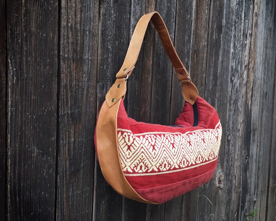 Vintage Woven Fabric Hobo Bag with Brown Leather Trim Faded Red Purse