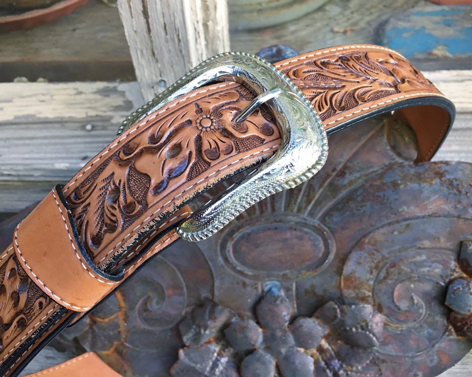 Hand-painted grey leather western belt with double metal insert