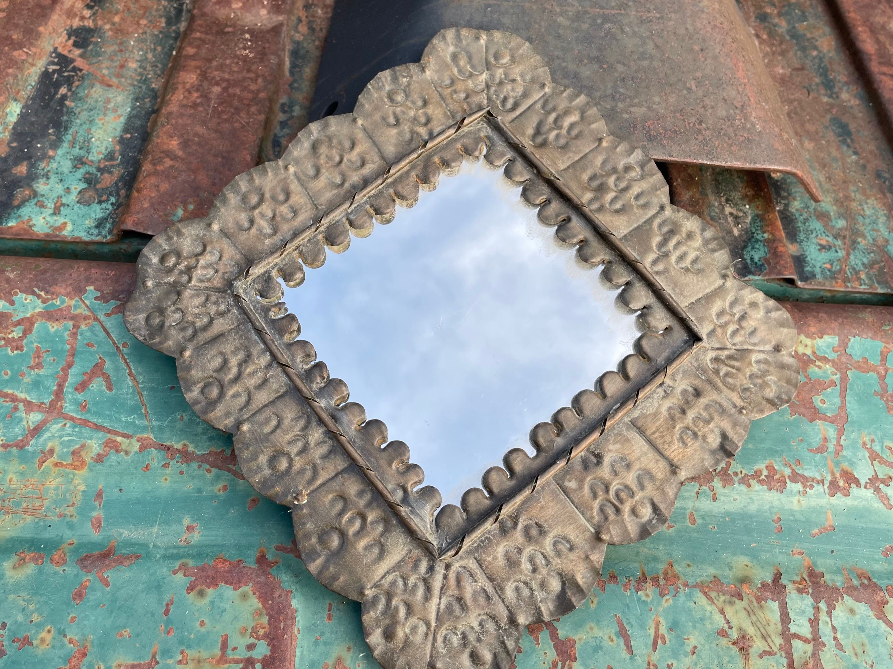 Small Mexican Tin Frame with Mirror for Wall, Mexican Home Decor, Altar