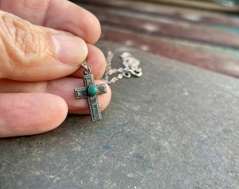 Super Dainty Fred Harvey Era Silver Turquoise Cross Pendant Necklace 16", Vintage Southwestern