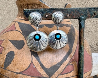 1980s Sterling Silver Shadowbox Turquoise Post Earrings, Navajo Style