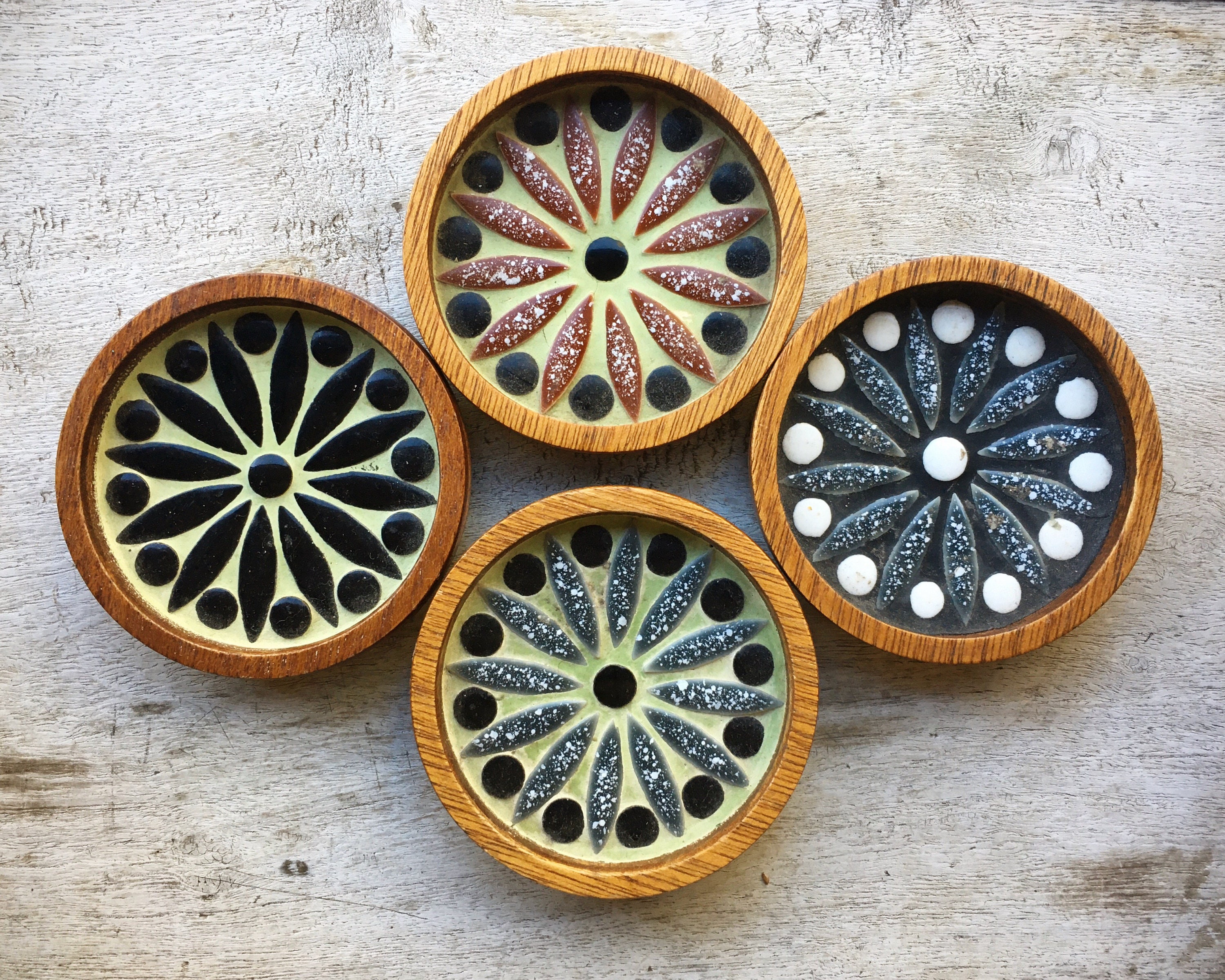 Set of Four Mid Century Ceramic Tile and Wood Coasters, Danish Modern