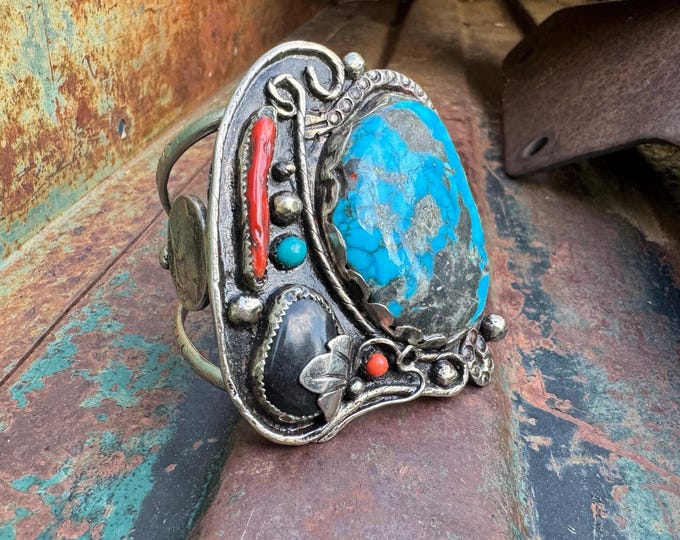 Featured listing image: Vintage Navajo Bracelet Large Turquoise Stone Size 6.375, Coral Onyx Buffalo Nickels