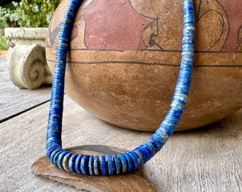 Vintage Lapis Lazuli Heishi Bead Necklace 18.5", Graduated with Spacers