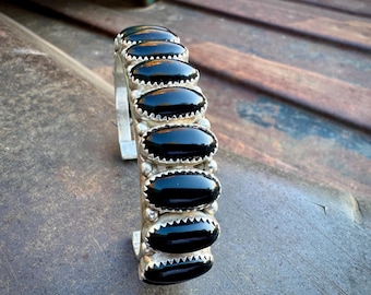 Black Onyx Sterling Silver Row Bracelet Size 6.25, Navajo Rose Castillo, 14 Stone Cuff