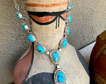 Vintage Navajo Ted Baca Small Lariat Necklace with Blue Turquoise, Native American Jewelry
