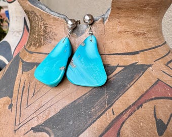 Blue Turquoise Slab Earrings Dangling from Silver Ball Posts, Southwestern Style