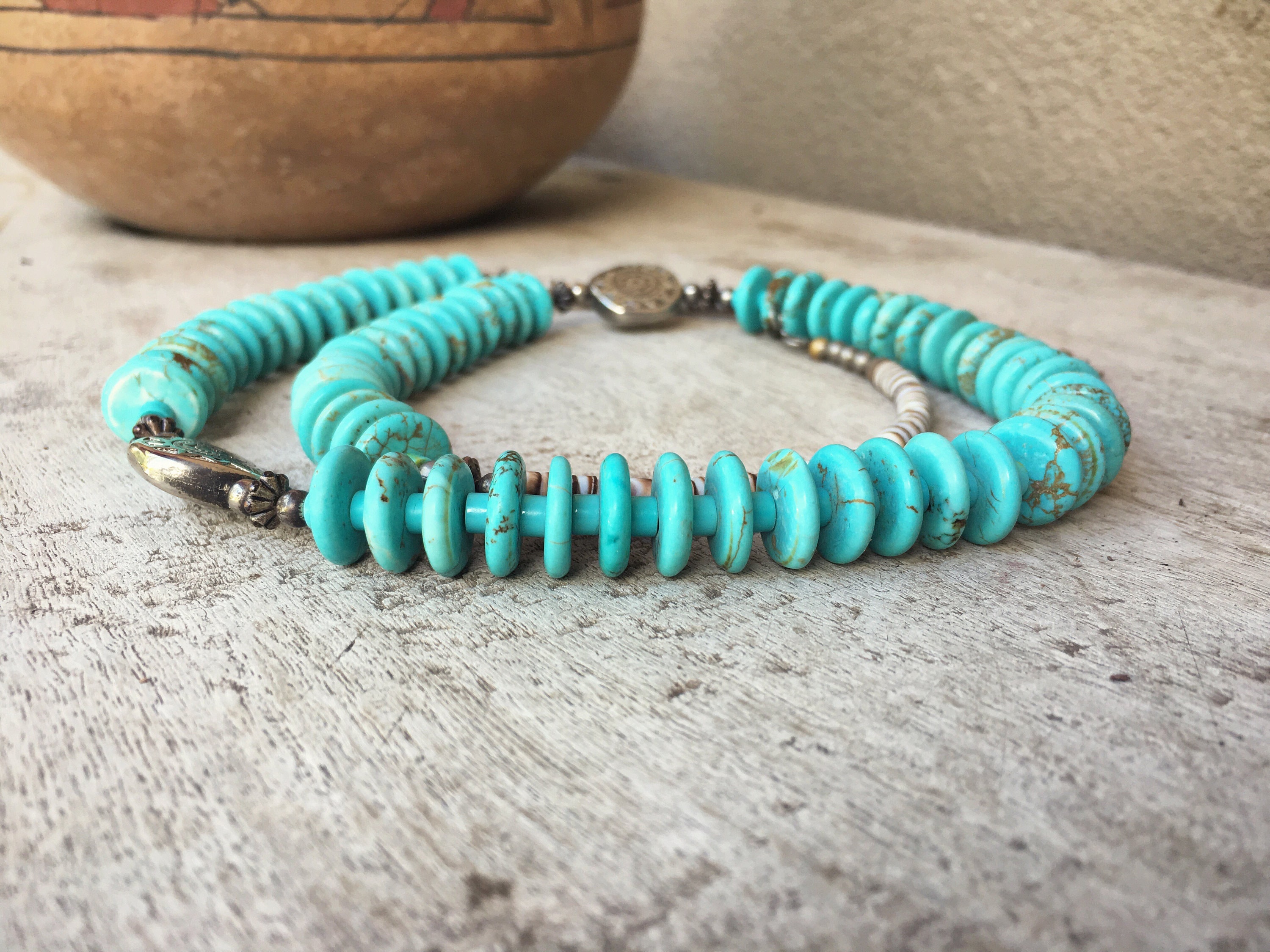 Vintage rondelle bead turquoise necklace Southwestern jewelry