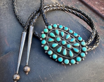 Vintage Turquoise Cluster Bolo Tie Navajo Zuni Petit Point Snake Eye Setting, Western Necktie