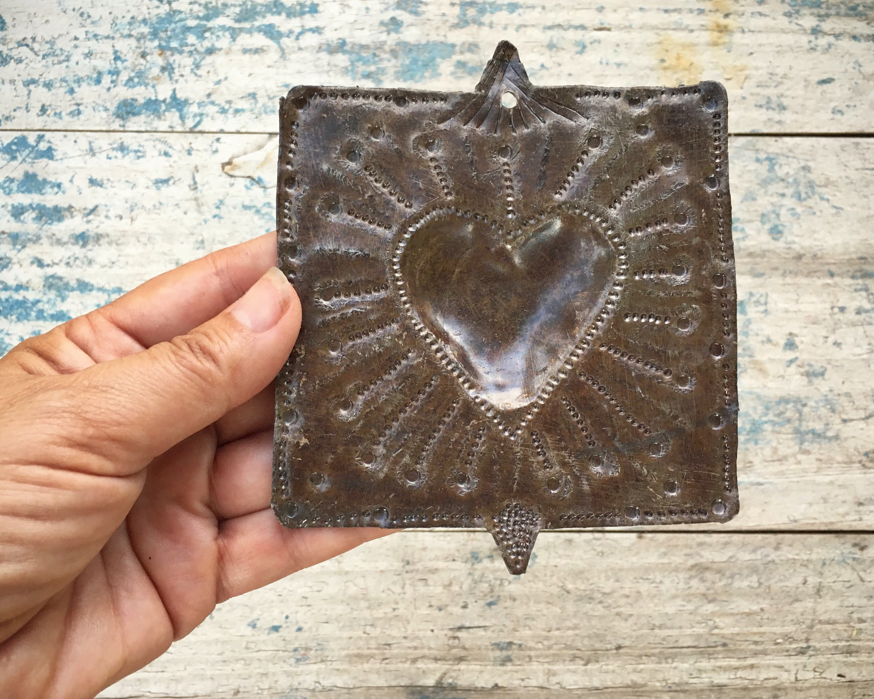 Vintage 4 metal folk art wall hanging heart milagro, Haiti drum art