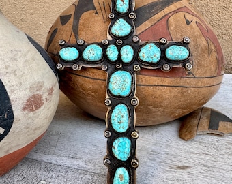 Huge Silver Turquoise Cross Pendant 4" x 6" & Link Chain Approx 25", Approx 170g