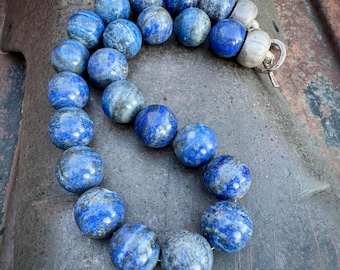 Vintage Lapis Lazuli Big Bead Necklace 19", Heavy 241g, Sterling Silver Barrel, Toggle Clasp