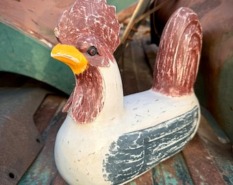 Heavy Wooden Sitting Rooster Statue White Indonesian Folk Art, Primitive Rustic Decor Farmhouse