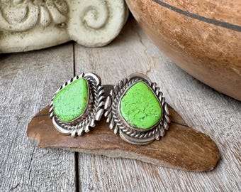 Vintage Sterling Silver Green Gaspeite Post Earrings, Traditional Navajo Style