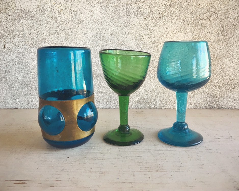 Three Mismatched Hand Blown Mexican Glasses Teal Blue Cordial Green