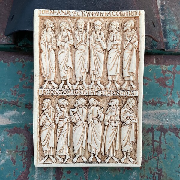 1990s Arte Wax Werke Wall Hangings Wall Plaque of 12 Apostles Religious Scene, Gift Men, Old World Decor, German Style Sculpture Medieval