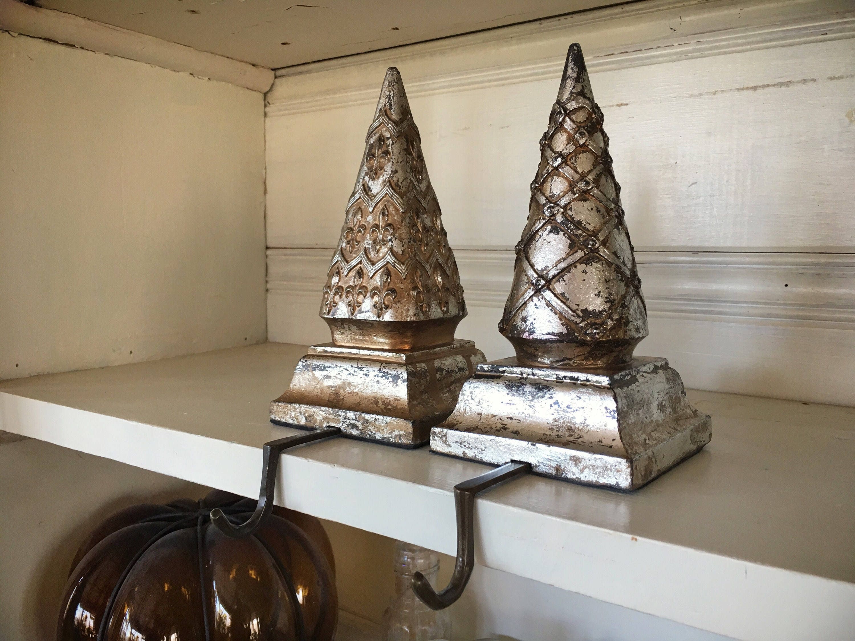 Distressed Finial Christmas Stocking Holders for Mantle, Rustic