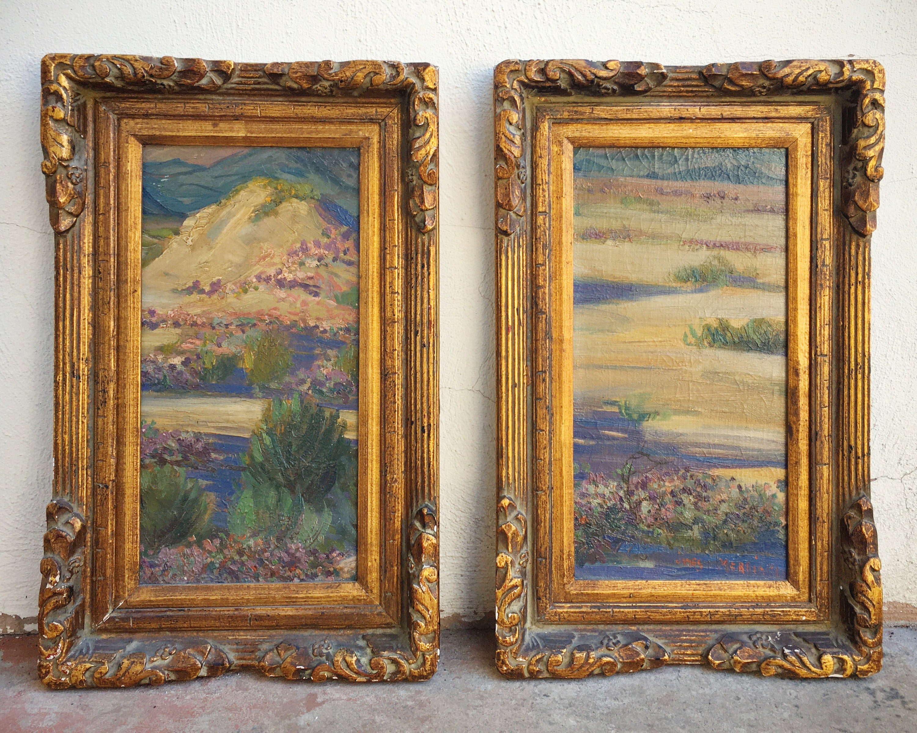 Pair of Framed Original Oil Painting Panels by James Merriam, California Plein Air, Gilt Wood Frame