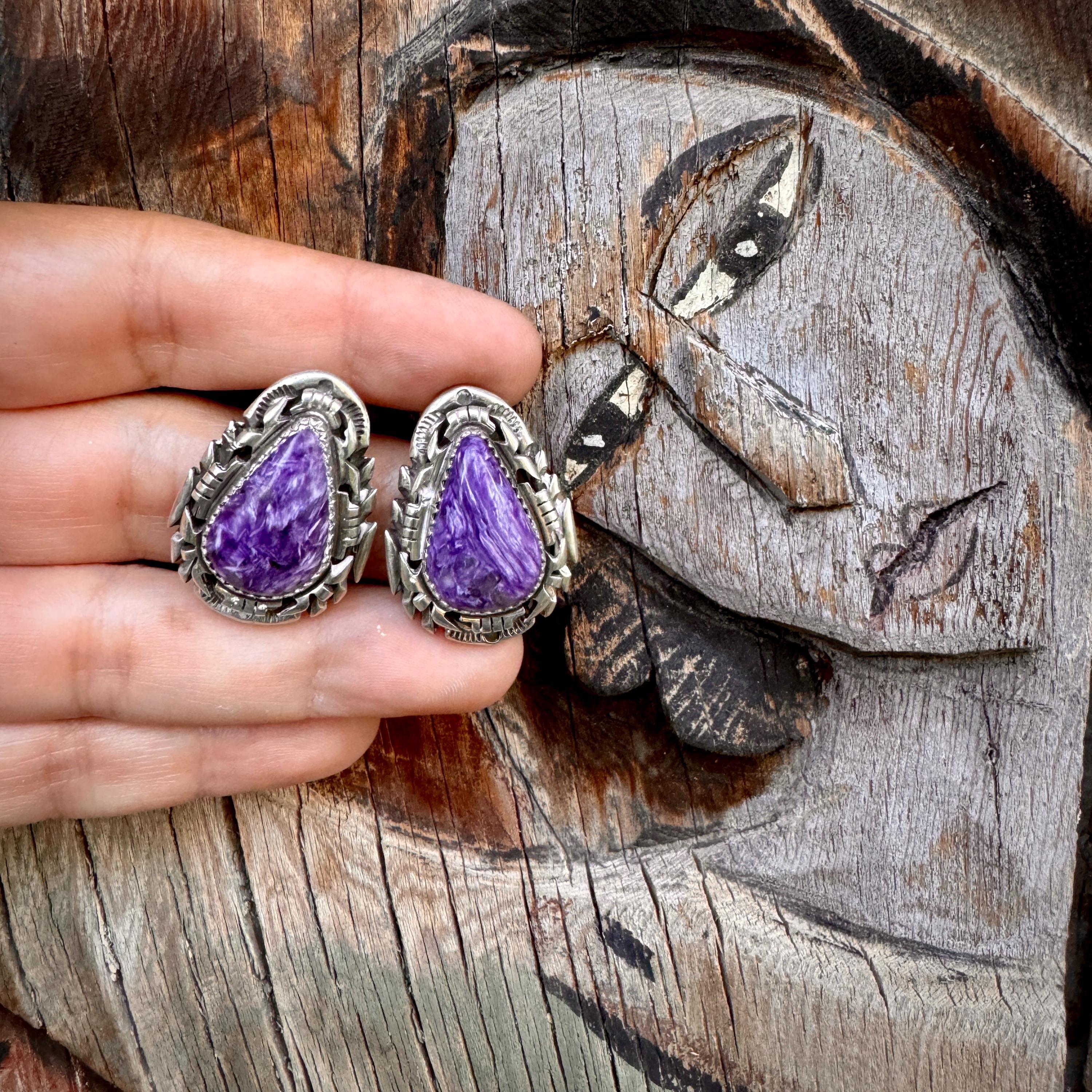 Best Vintage Navajo Charoite Sterling Silver Native American Earrings Best Vintage Navajo Charoite Sterling Silver Native American Earrings