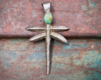 Tufa Cast Sterling Silver Green Turquoise Dragonfly Pendant, No Chain Included
