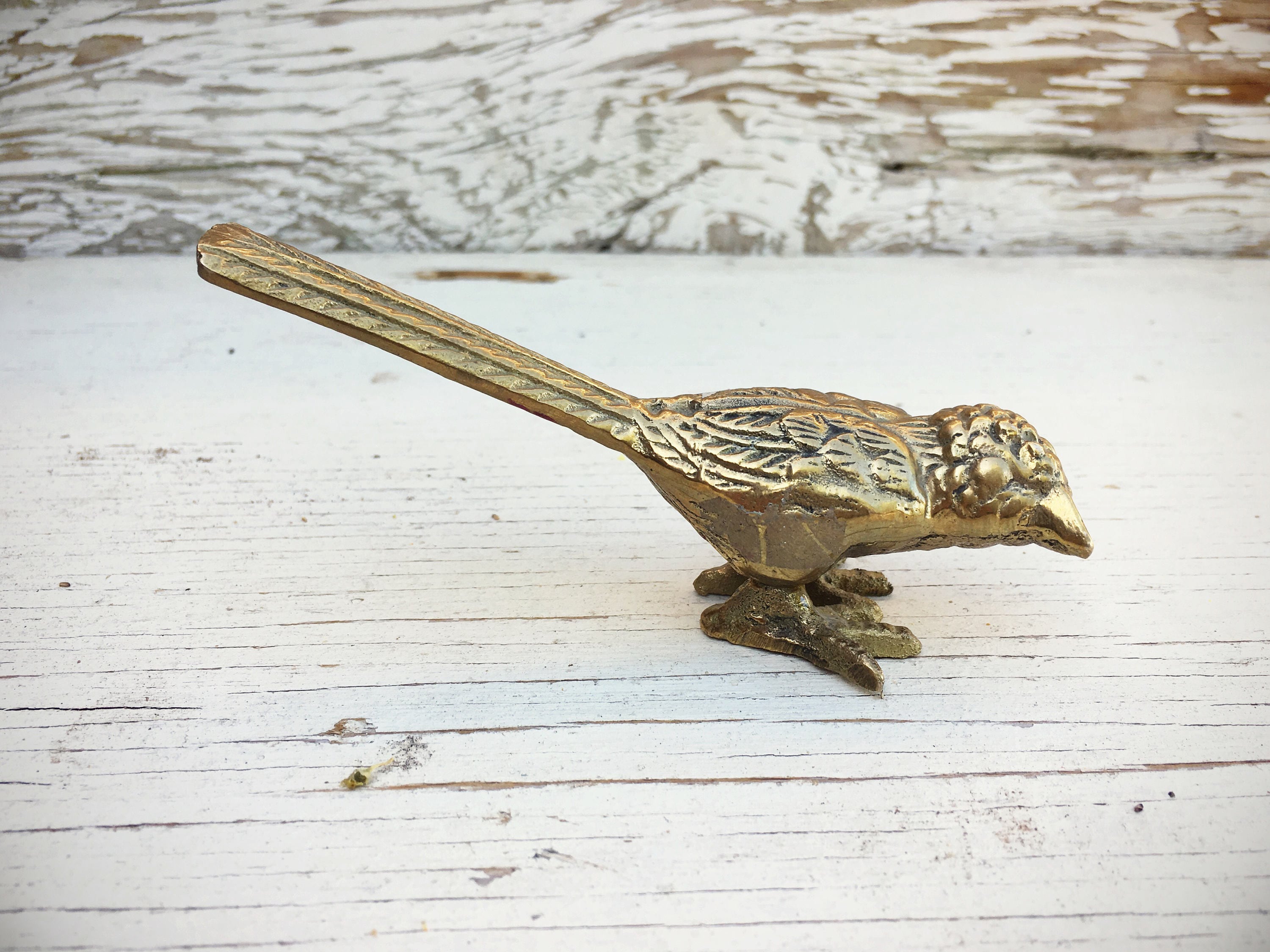 Vintage brass song bird figurine, midcentury solid brass bird statue, brass decor, bird lover