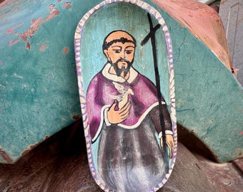 Small Carved Wood Wall Hanging of Saint Francis of Assisi, 3.375 x 7, Mexican Folk Art