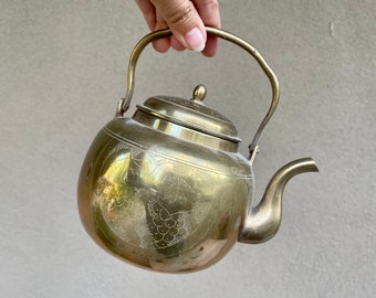 Vintage Small Etched Brass Teapot, Modernist Style Tea Pot Drinking Tradition, Chinoiserie Decor