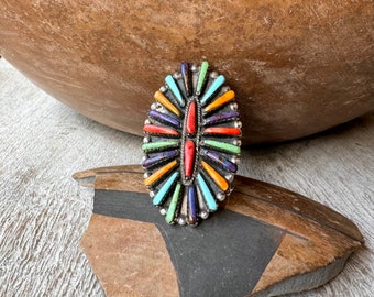 Vintage Multicolor Multi Stone Turquoise Needlepoint Cluster Ring Size 7.5, Signed Zuni Jewelry