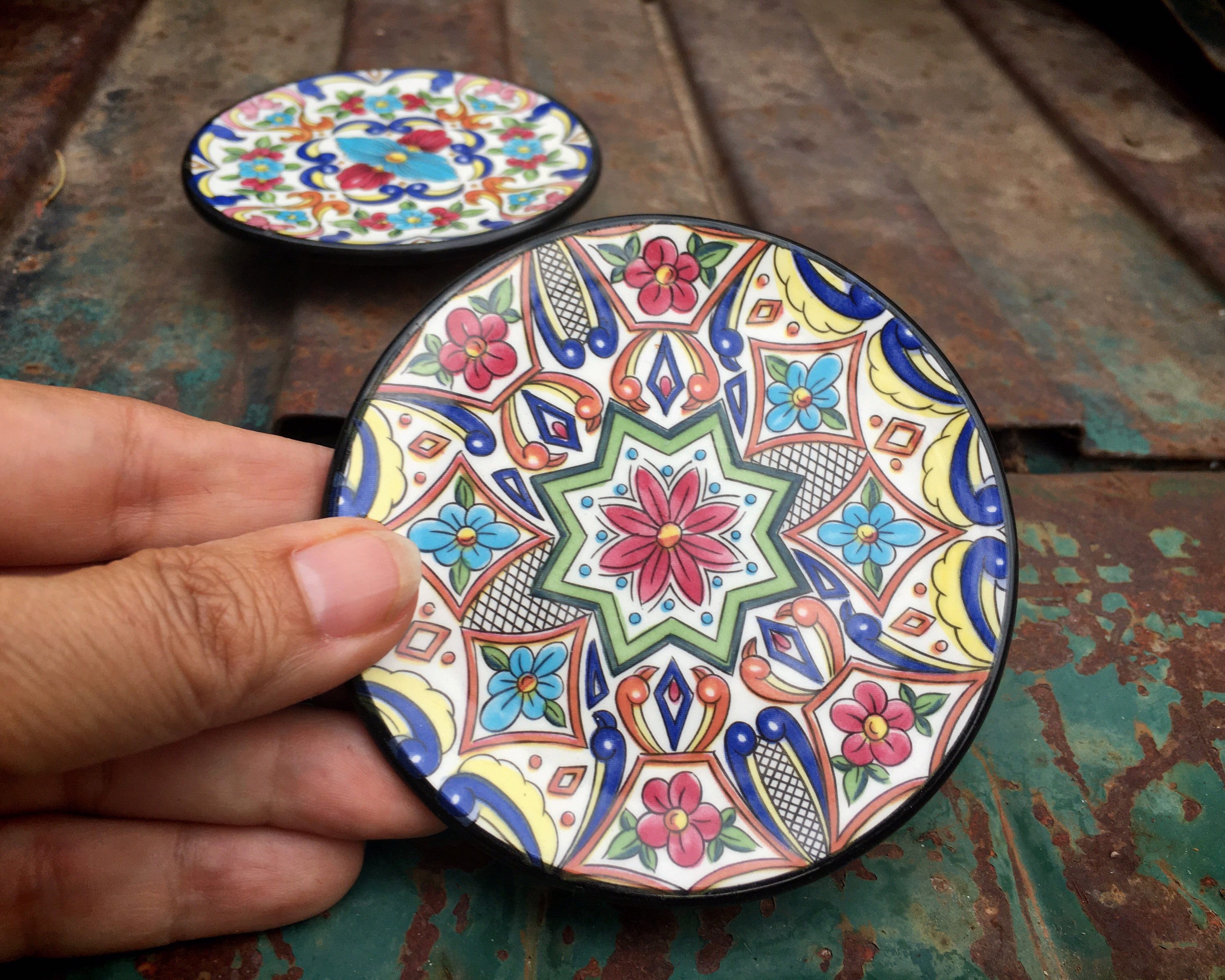 Two Handmade Spanish Miniature Wall Plates by Ceraplate, Blue and White