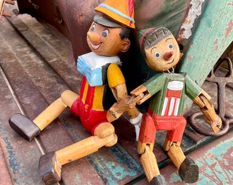 Vintage Distressed Pinocchio Jointed Wood Dolls (No Strings), Playroom Bedroom Shelf Display