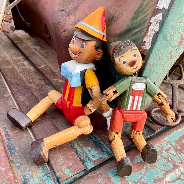 Vintage Distressed Pinocchio Jointed Wood Dolls (No Strings), Playroom Bedroom Shelf Display, Eclectic Bohemian Decor, Instant Collection