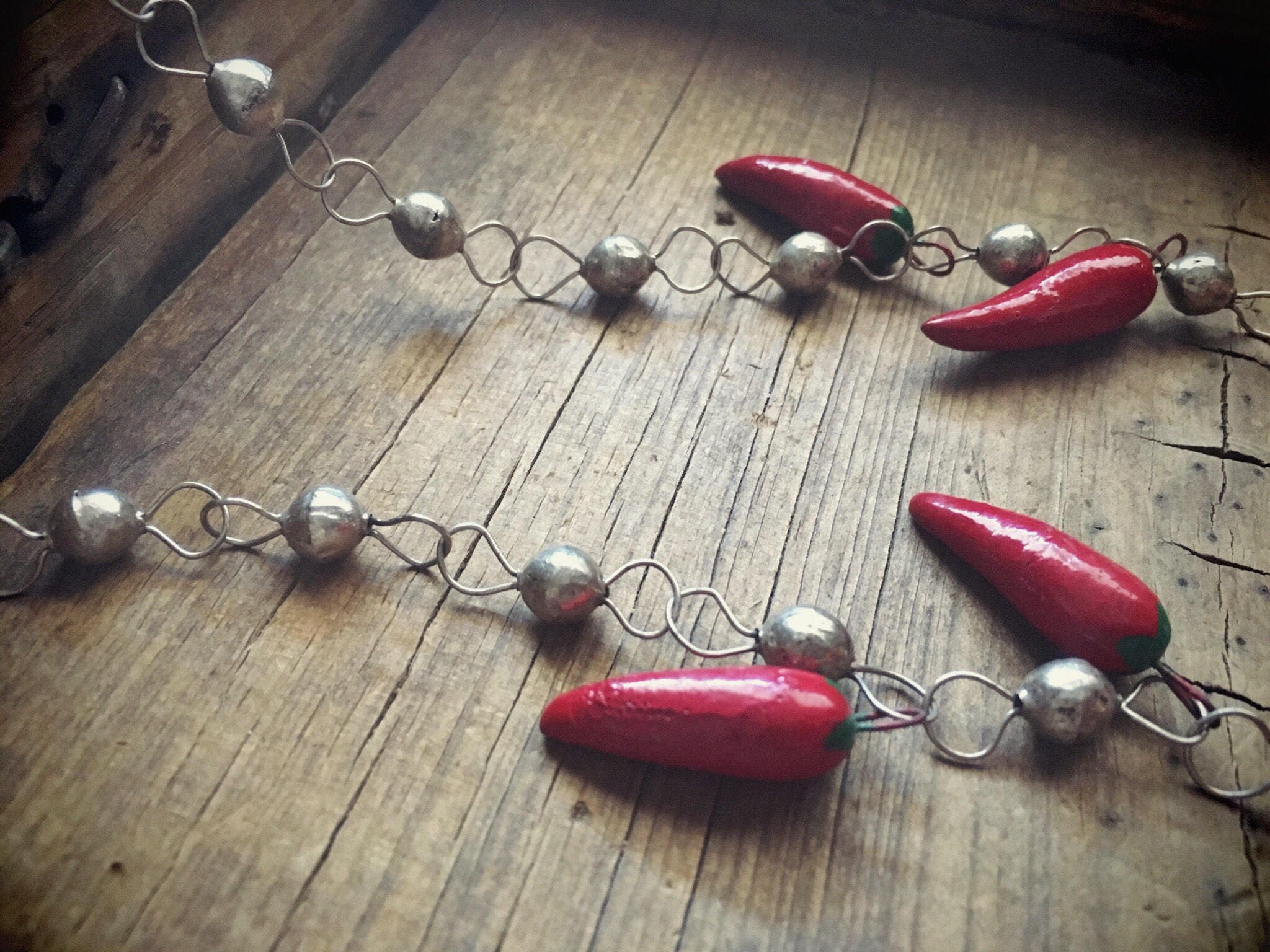 Silver Chain Necklace with Red Chile Pendants, Lasso Link Chain