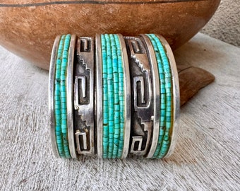 Vintage Kewa Alois Wagner Turquoise Heishi Inlay Sterling Silver Cuff Bracelet Arrows Inside