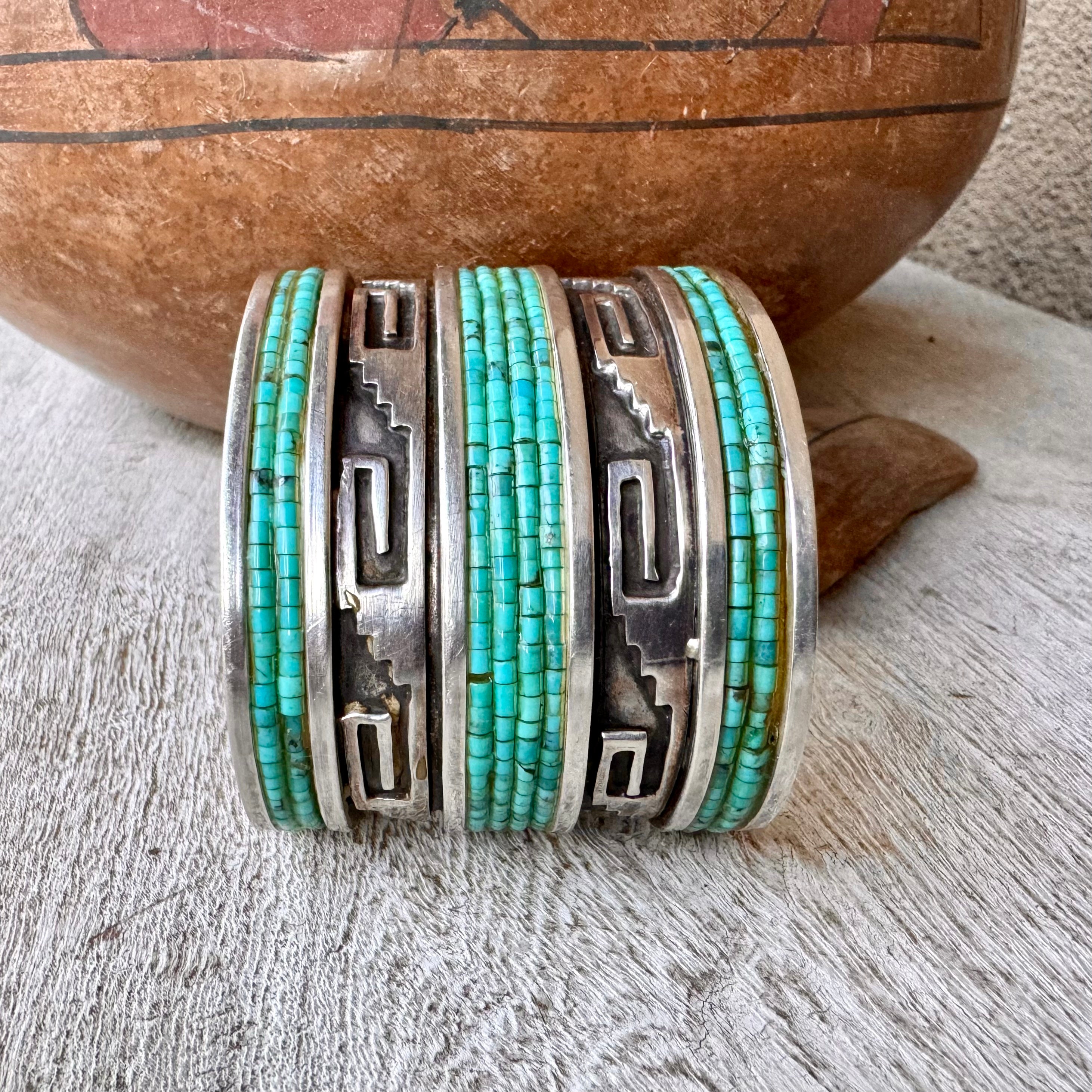 Best Vintage Native American Navajo Heishi Turquoise Inlay Sterling Silver Bracelet Old Best Vintage Native American Navajo Heishi Turquoise Inlay Sterling Silver Bracelet Old