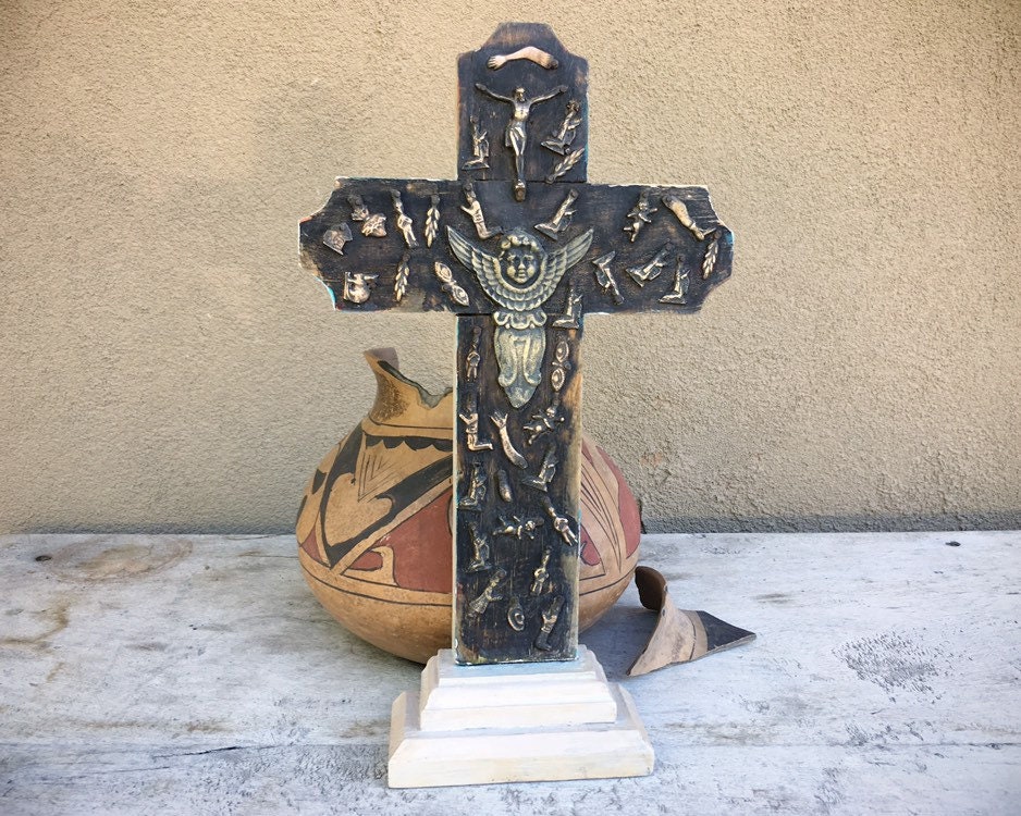 Vintage Mexican Milagro Wall Cross with Gold Tone Amulets, Lucky Charm