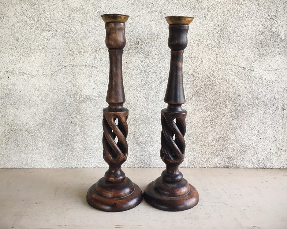 Pair of Vintage Dark Brown Spiral Wood Tall Candlestick Candle Holders