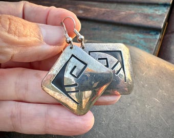 Vintage Navajo Tom Billy Sterling Silver Overlay Dangle Earrings, Native American Jewelry