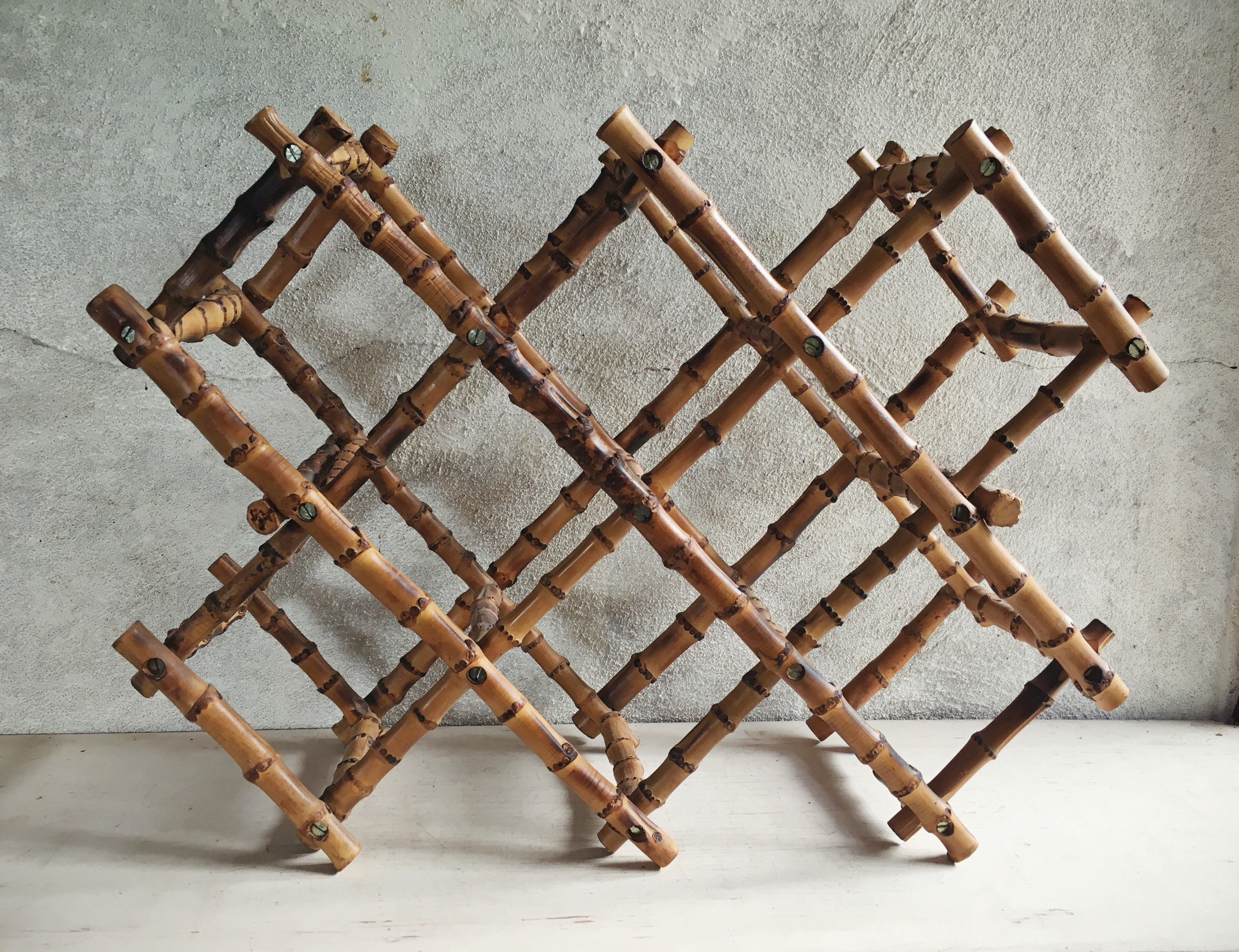 Vintage Burnt Bamboo Wine Rack Tabletop 10 Bottle, Jungalow Style, Wine