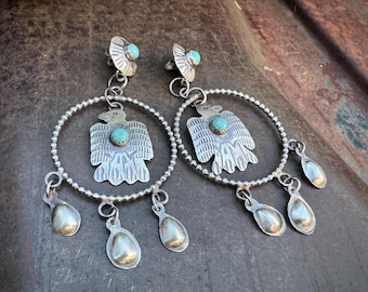 Navajo Gabrielle Yazzie Sterling Silver Turquoise Thunderbird Hoop Earrings