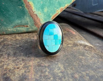 Vintage Sterling Silver Turquoise Onyx Inlay Ring Approx Size 7, Desert Rose Trading