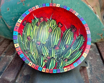 Vintage Painted Wood Bowl Approx 8” Día. Cactus Design, Decorative, Arizona Decor Gift