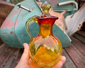 Vintage Amberina Crackle Glass Cruet with Stopper, Yellow to Orange Art Glass Small Bottle