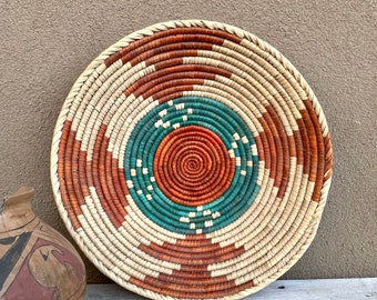 Rust Teal Coiled Shallow Basket Approx 15" Dia, Southwestern Bohemian Home Decor Natural Tiki