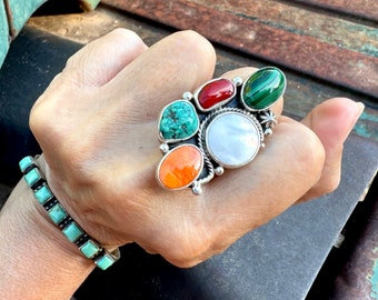 Navajo Mary Jane Garcia Mother of Pearl Malachite Turquoise Multistone Ring Size 9.25, White Green Orange Gemstones, Rodeo Style, Gift Wife