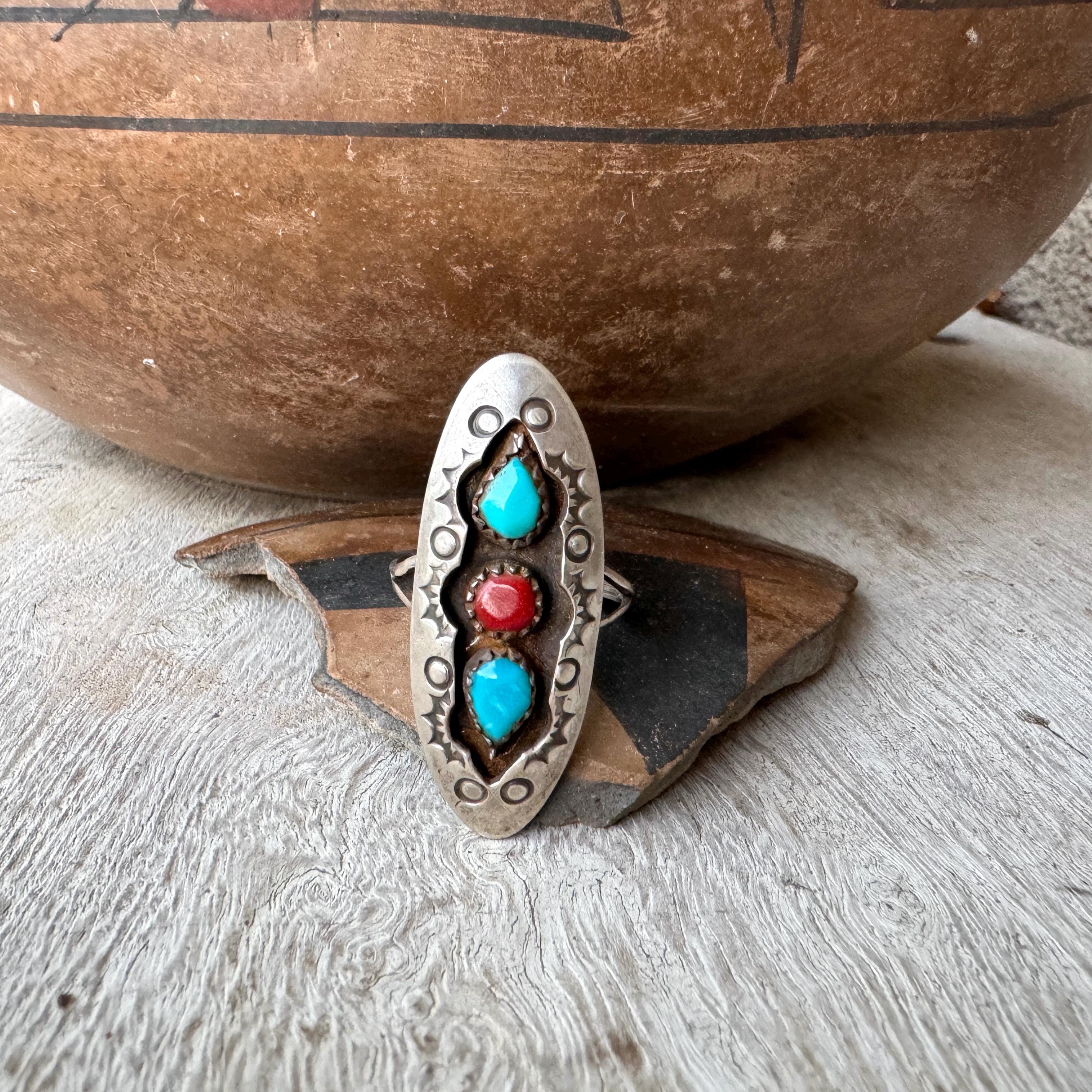 One Of A Kind Vintage Native American Navajo 3 Turquoise Shadowbox Sterling Silver Print Ring One Of A Kind Vintage Native American Navajo 3 Turquoise Shadowbox Sterling Silver Print Ring