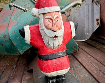 Vintage Folk Art Santa Claus Figure Carved Painted Wood 10.5", Primitive Christmas Decor
