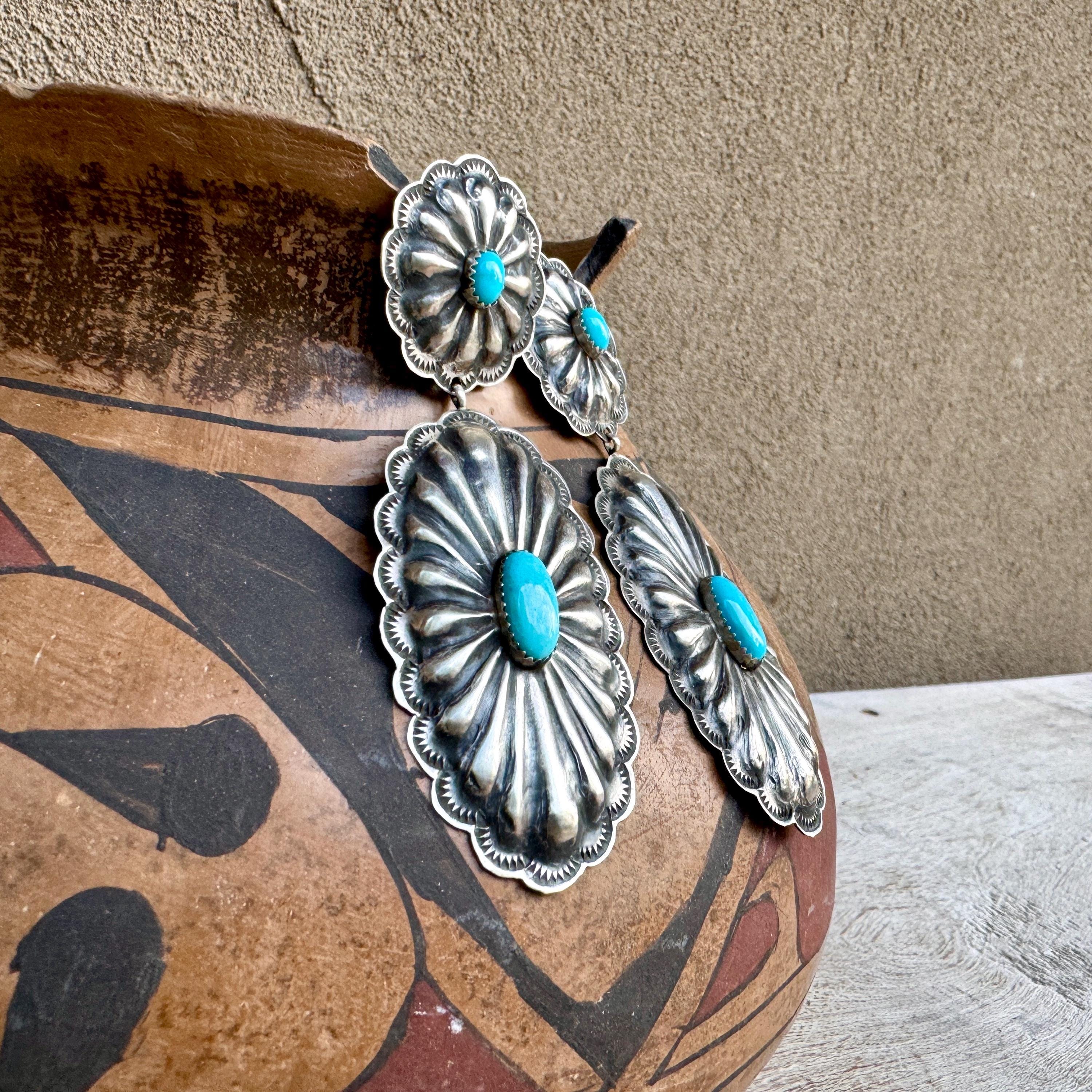 Navajo Rita Lee Large Sterling Silver Concho Turquoise Earrings 3.75