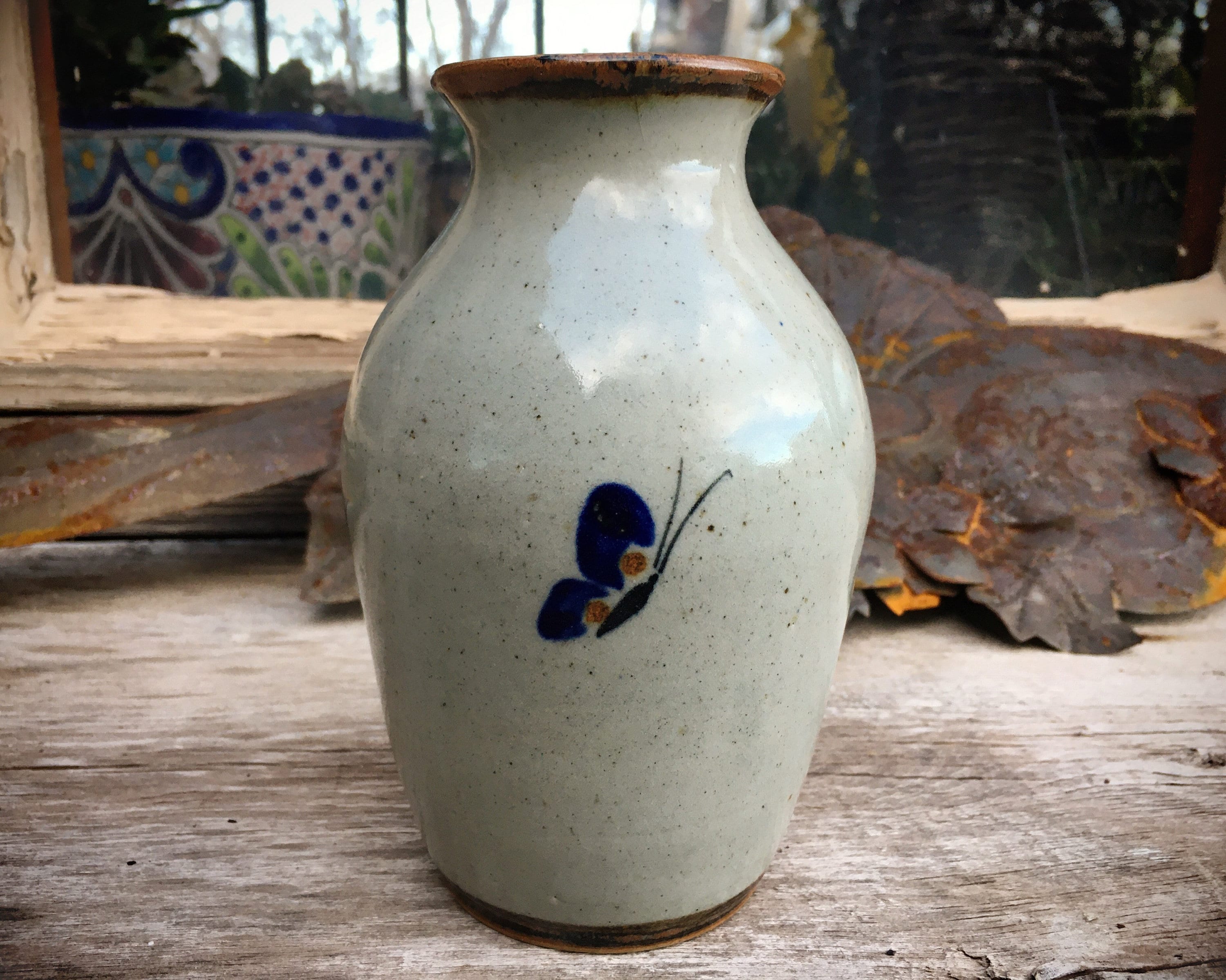 Small Mexican Pottery Vase with Flower and Butterfly Design by