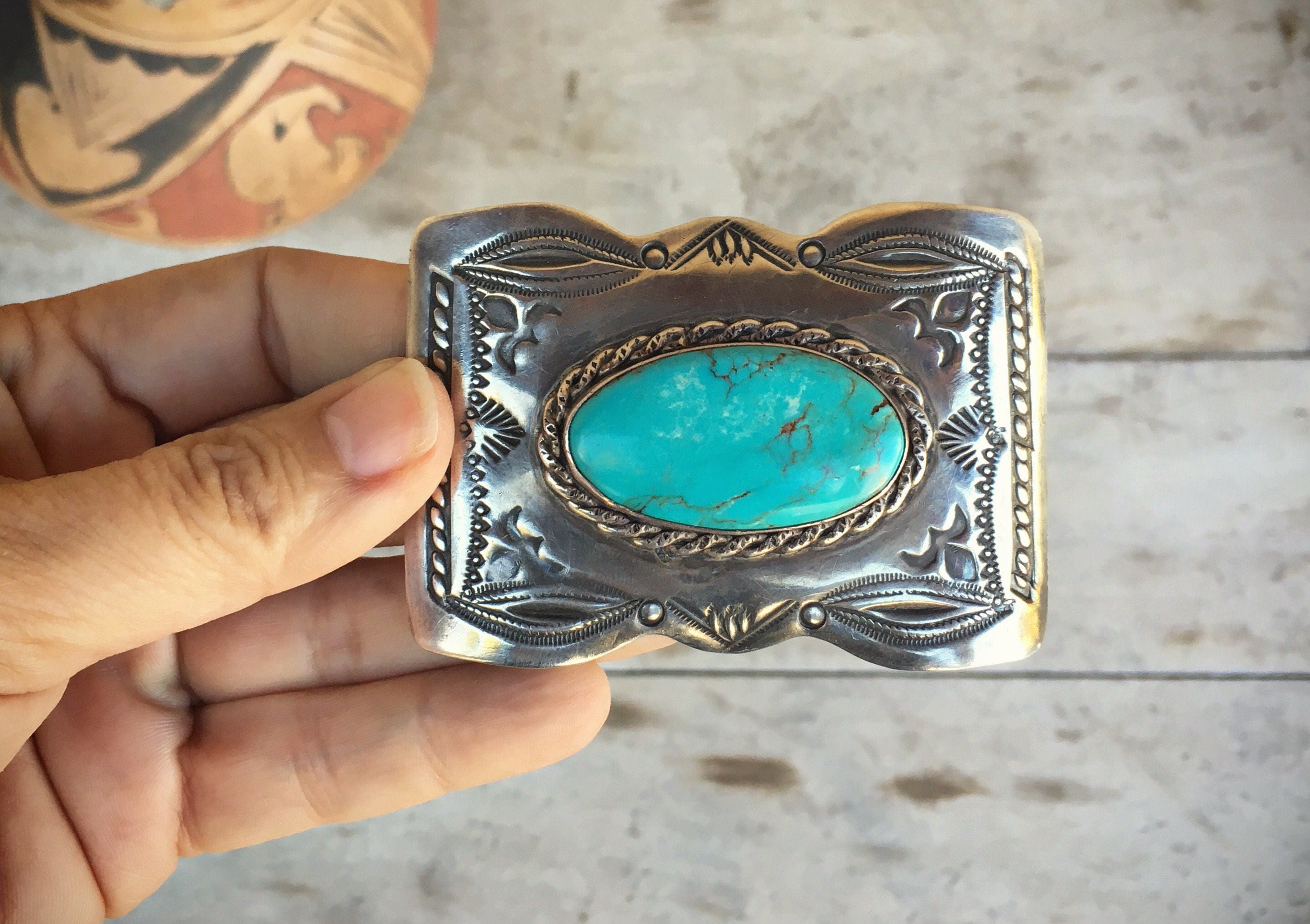 Vintage Belt Buckle for Men, Native American Indian, Turquoise Silver