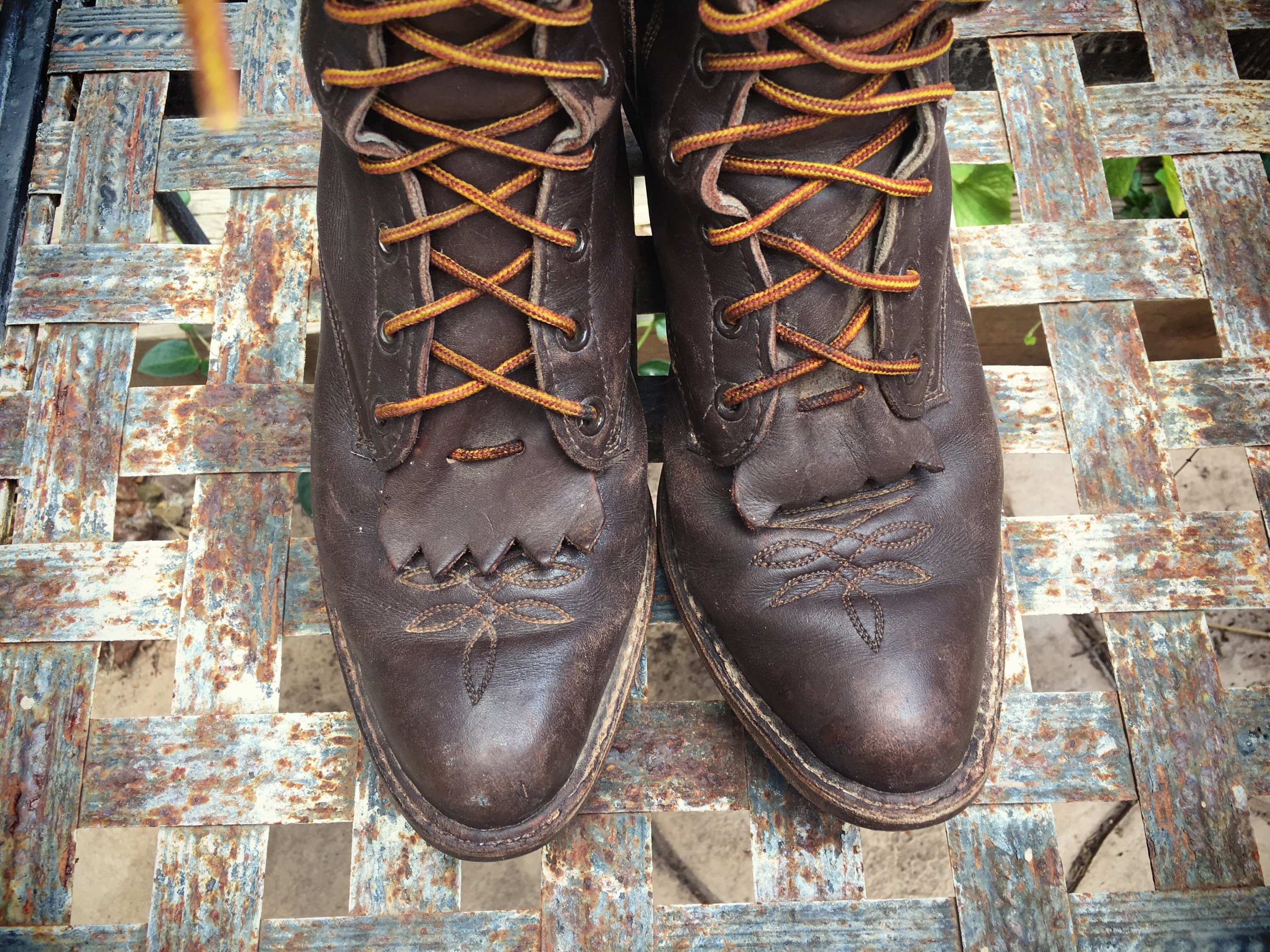 Vintage Tall Lace Up Packer Boots Women's Size 7 Brown Leather Flame Stitching